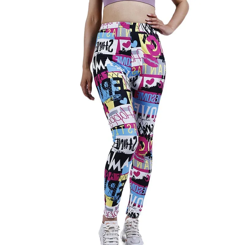 Graffiti Leggings Floral Patterned Print For Women Leggings Houndstooth Sale Elastic Design Vintage Leggings W056