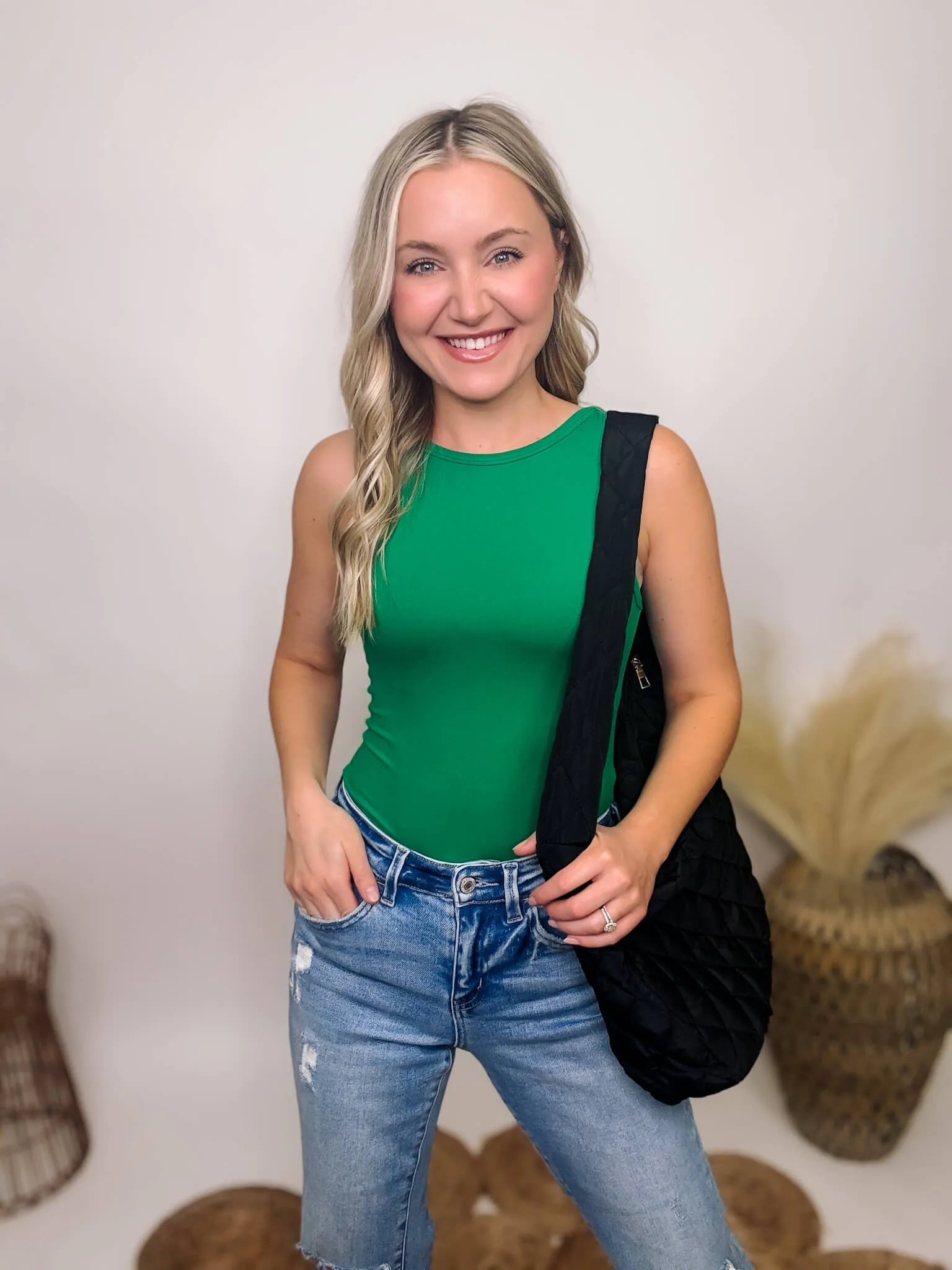 Green Boat Neck Sleeveless Tank Bodysuit