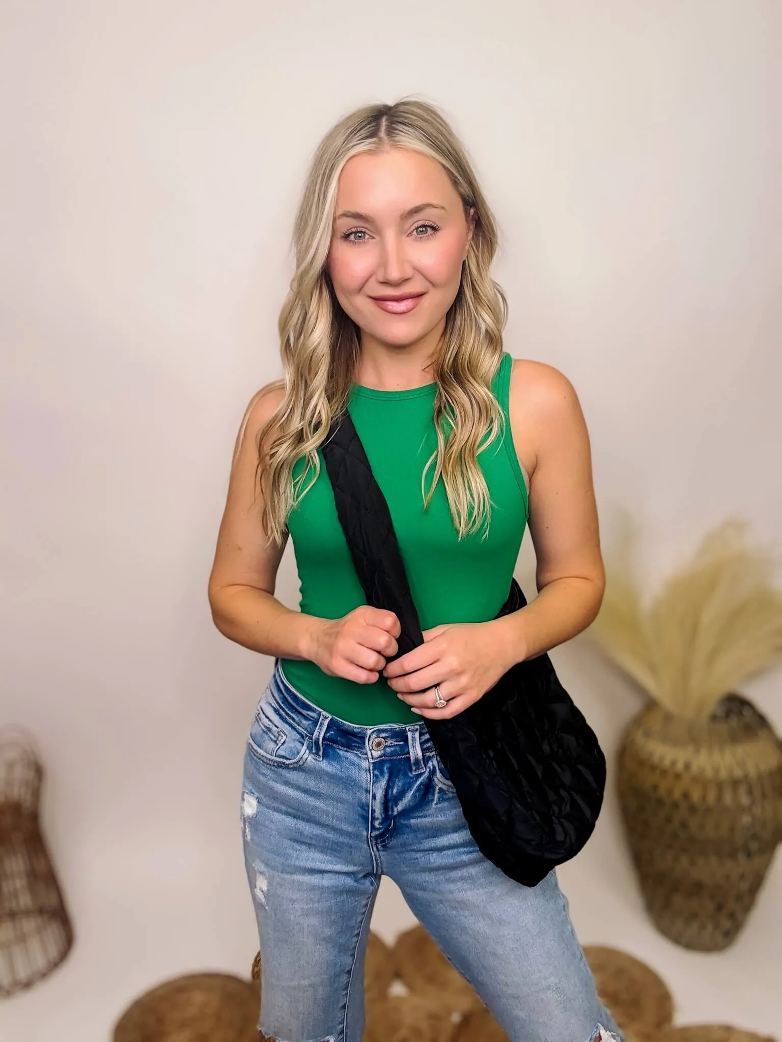 Green Boat Neck Sleeveless Tank Bodysuit