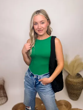 Green Boat Neck Sleeveless Tank Bodysuit