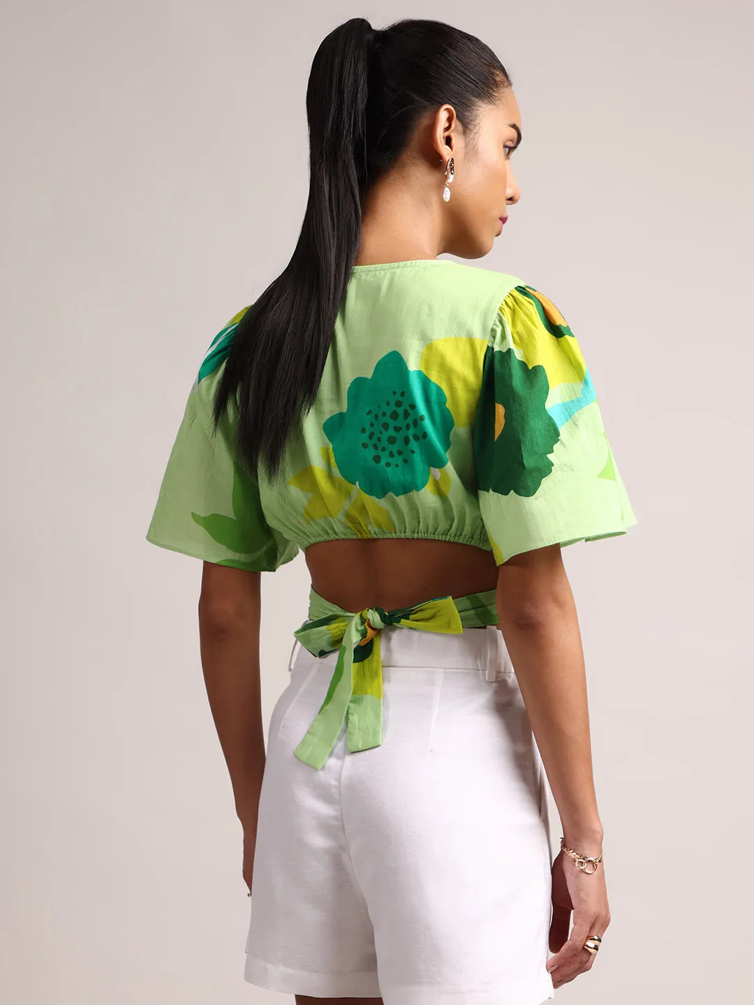 Green Cotton Floral Printed Crop Top