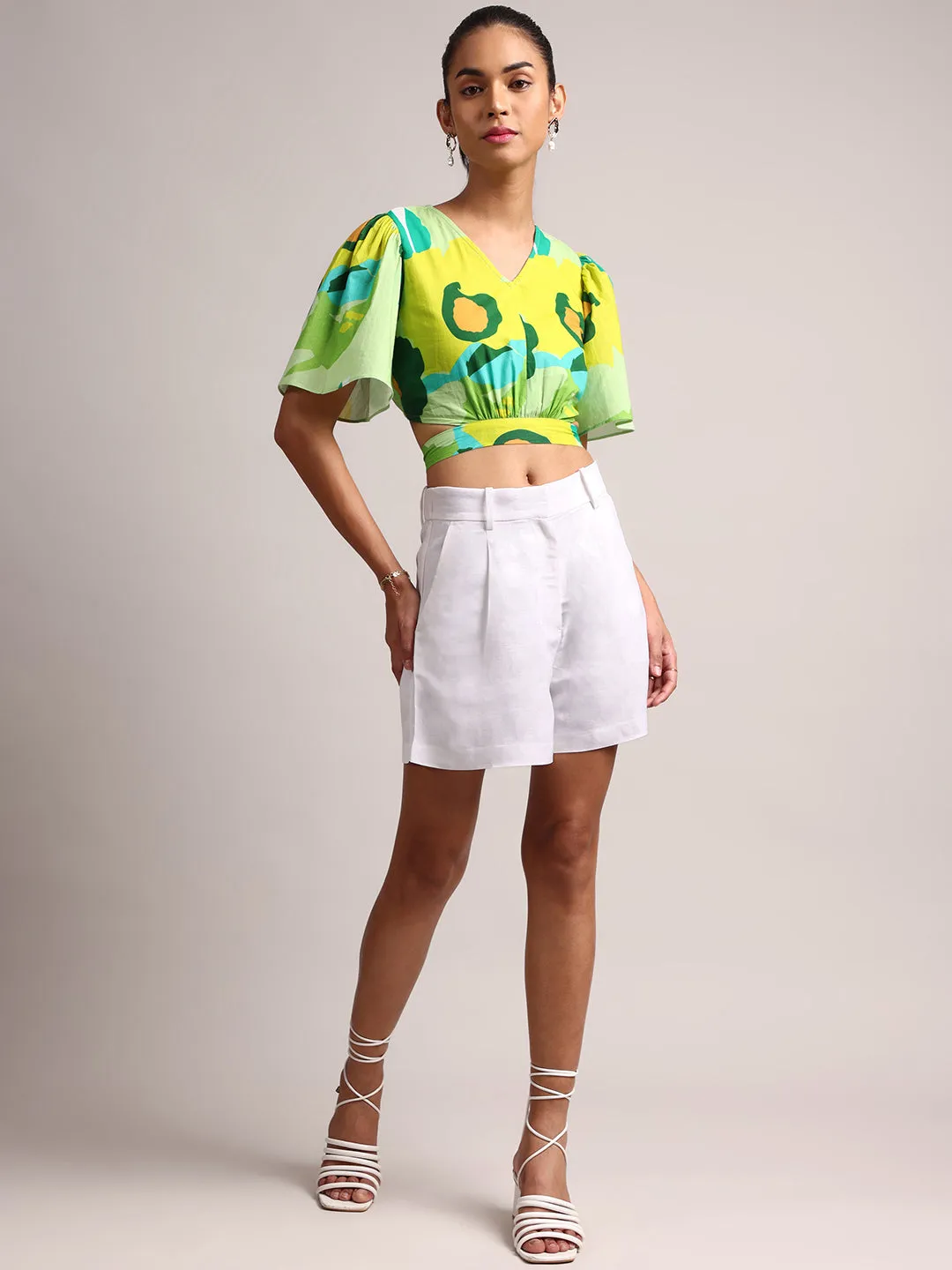 Green Cotton Floral Printed Crop Top