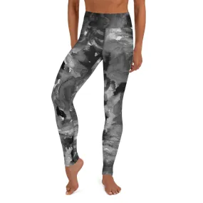 Grey Floral Abstract Yoga Leggings, Flower Print Long Designer Women's Tights-Made in USA/EU