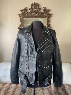 High Quality Mens Lambskin Leather Motorcycle Jacket w Silver Studs, L