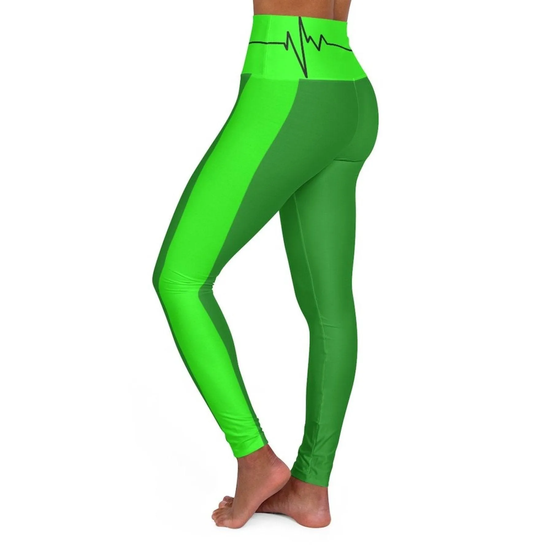 High Waisted Yoga Leggings, Forest Green And Neon Green Black Bordered
