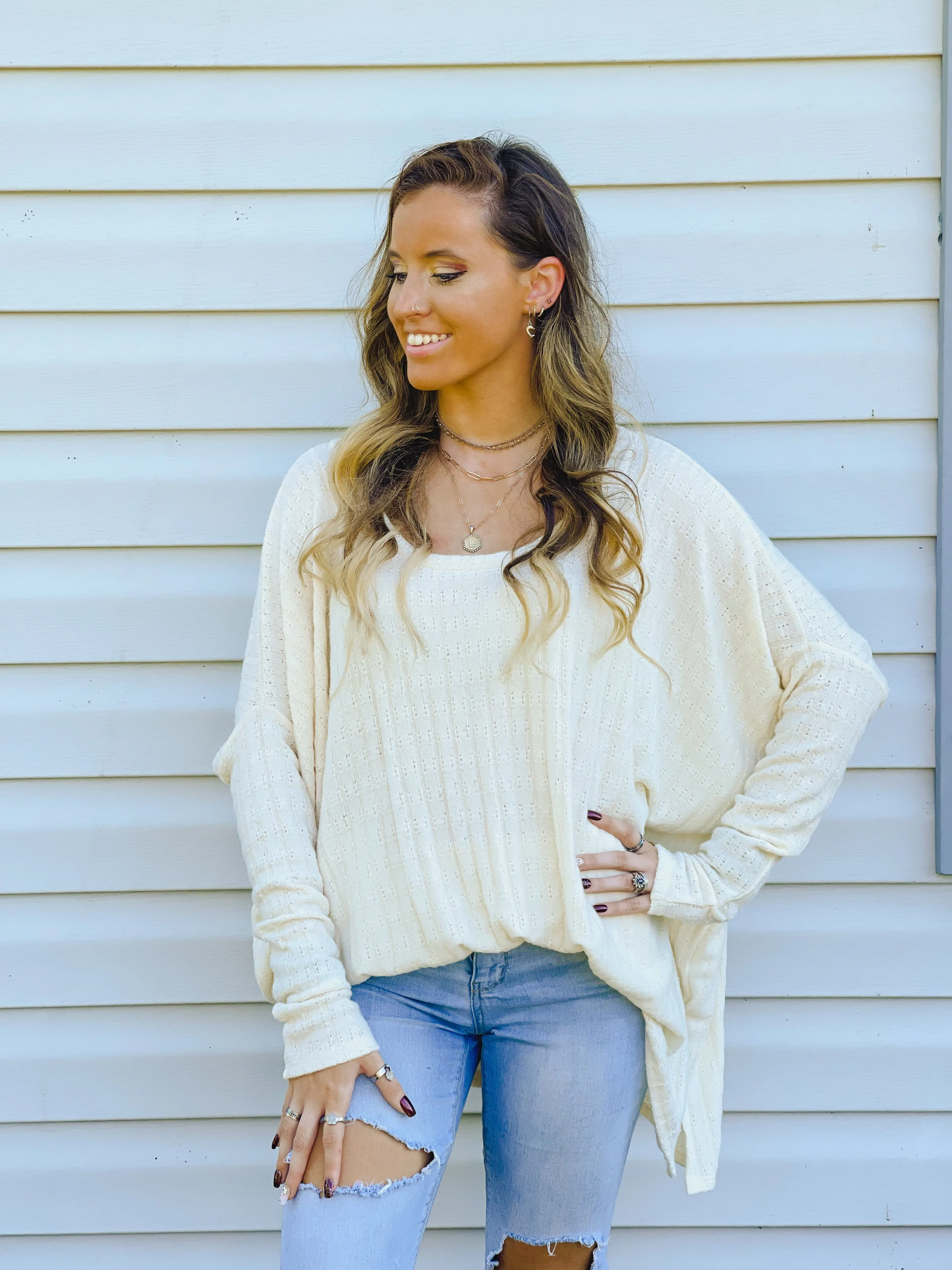 Iced Latte Dreamy Oversized Pointelle Knit Top
