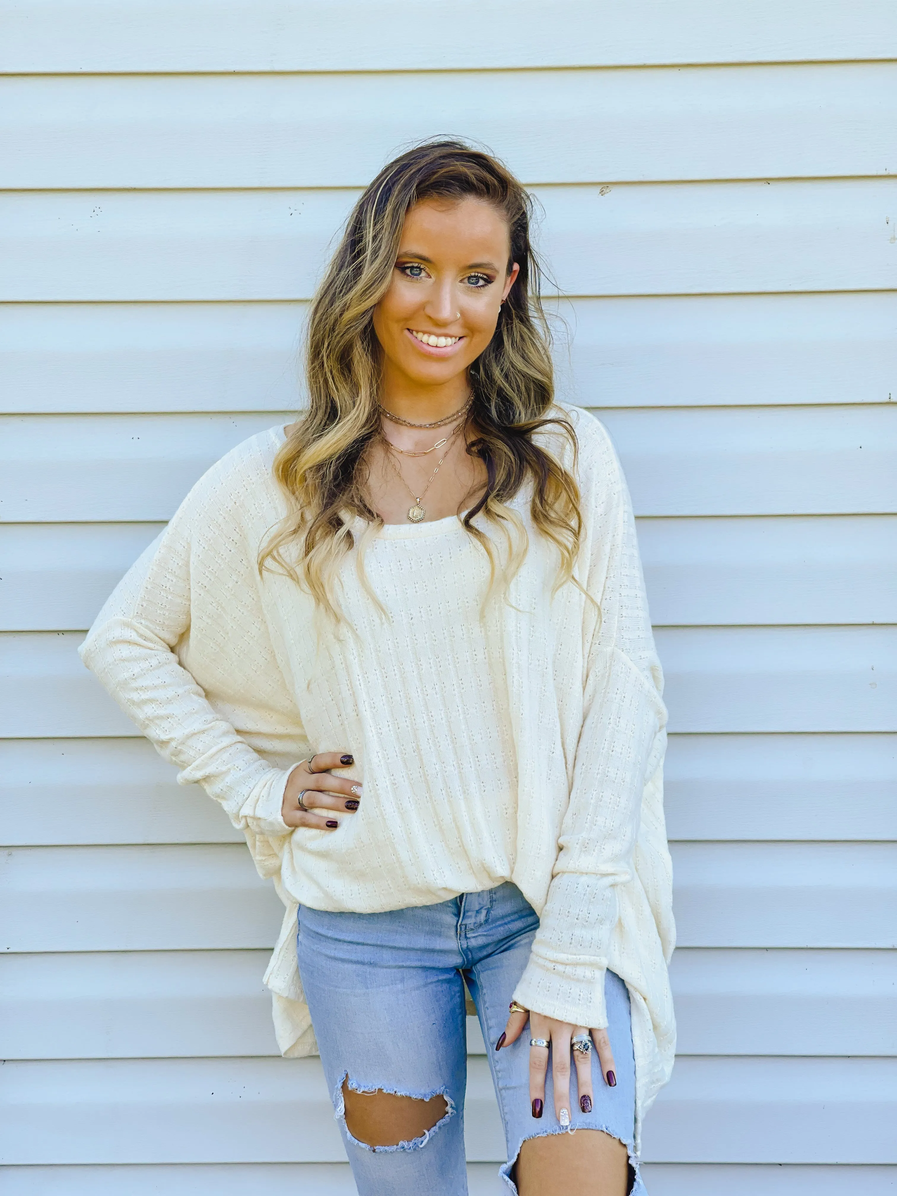 Iced Latte Dreamy Oversized Pointelle Knit Top