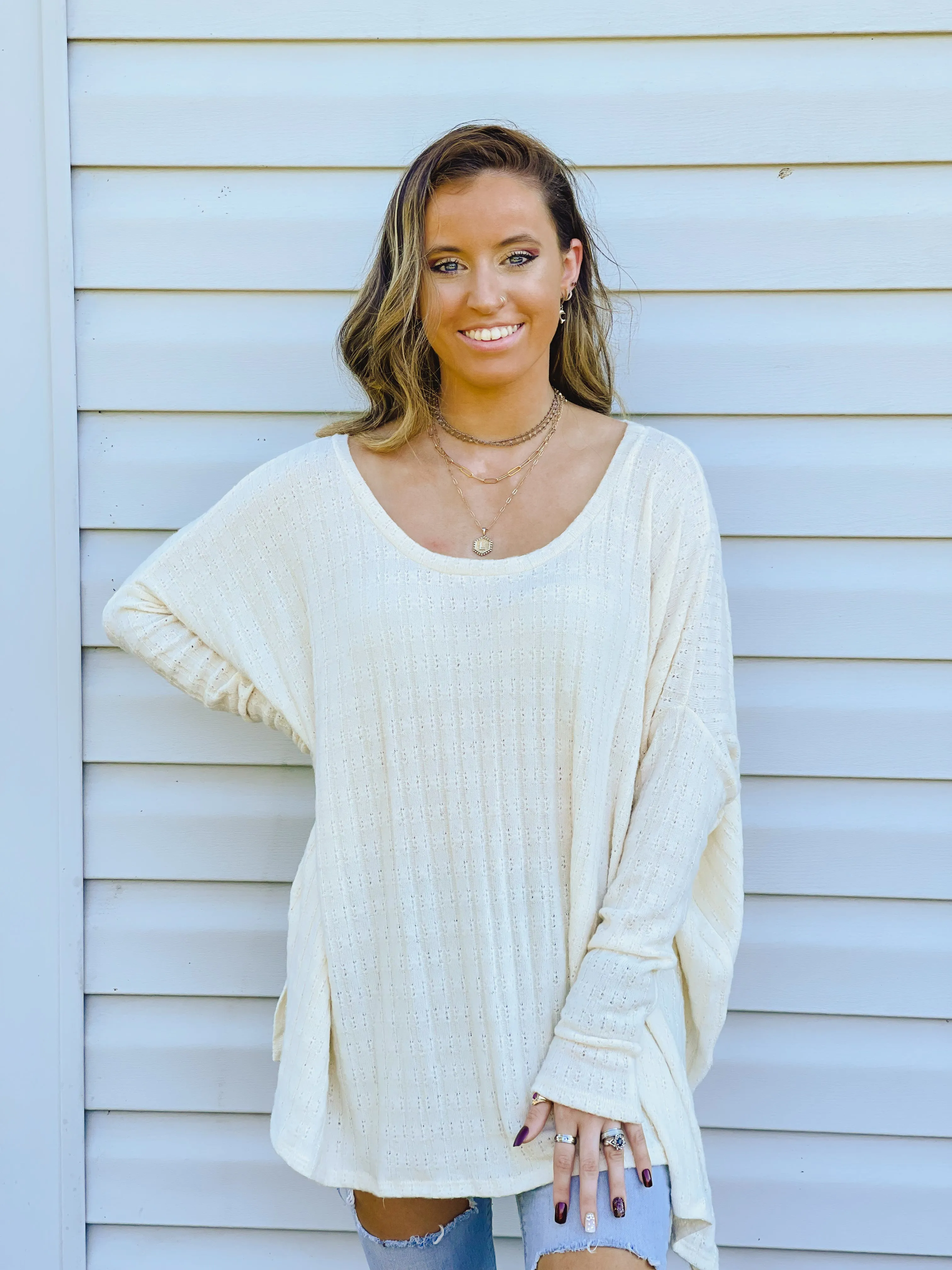 Iced Latte Dreamy Oversized Pointelle Knit Top
