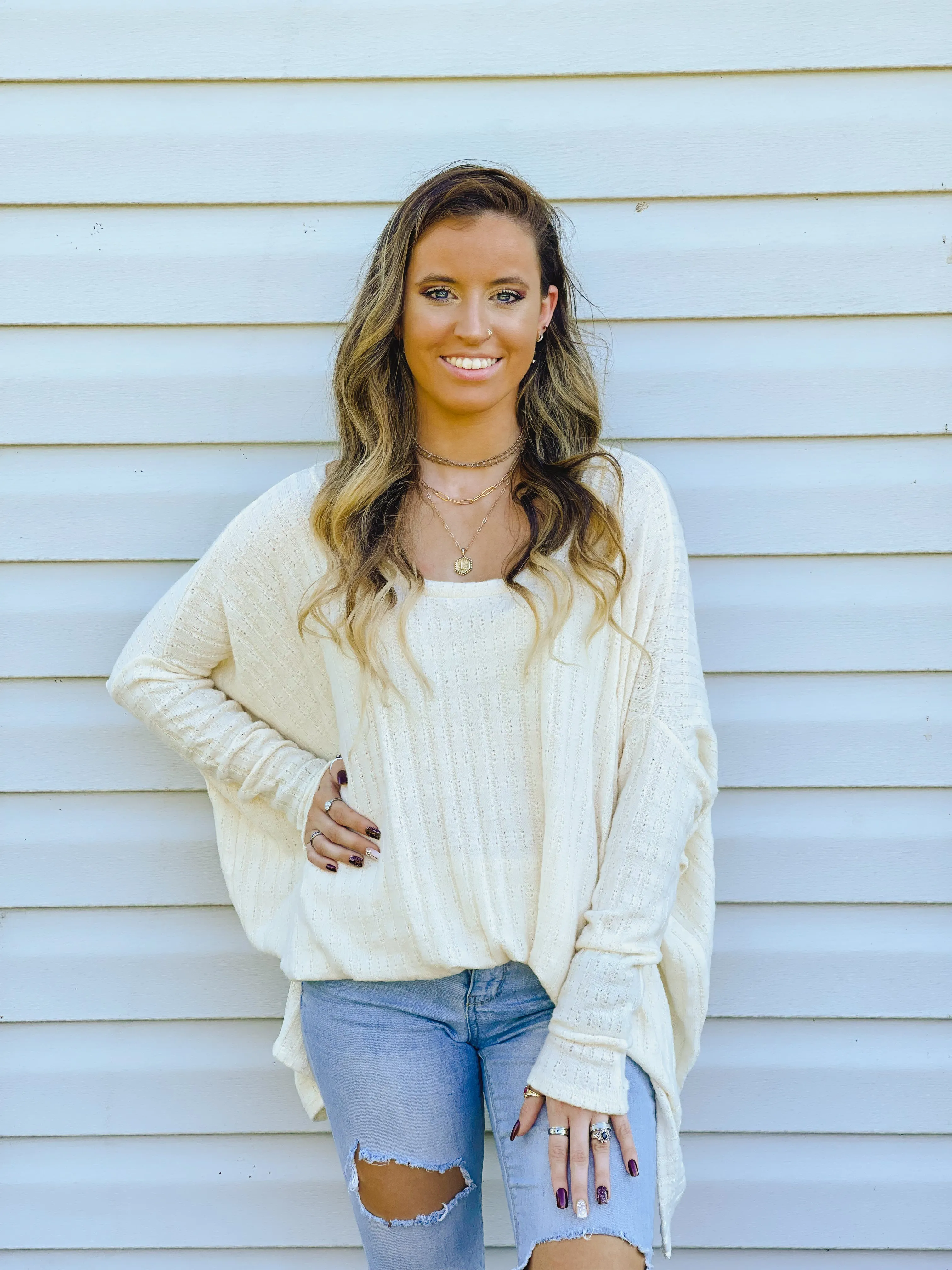 Iced Latte Dreamy Oversized Pointelle Knit Top