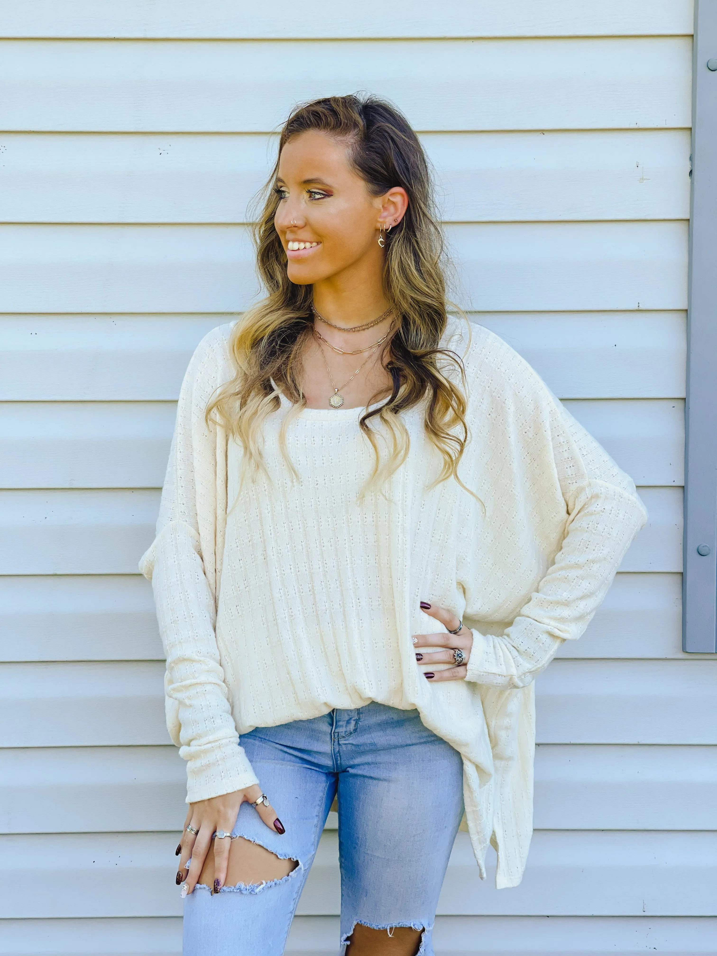 Iced Latte Dreamy Oversized Pointelle Knit Top