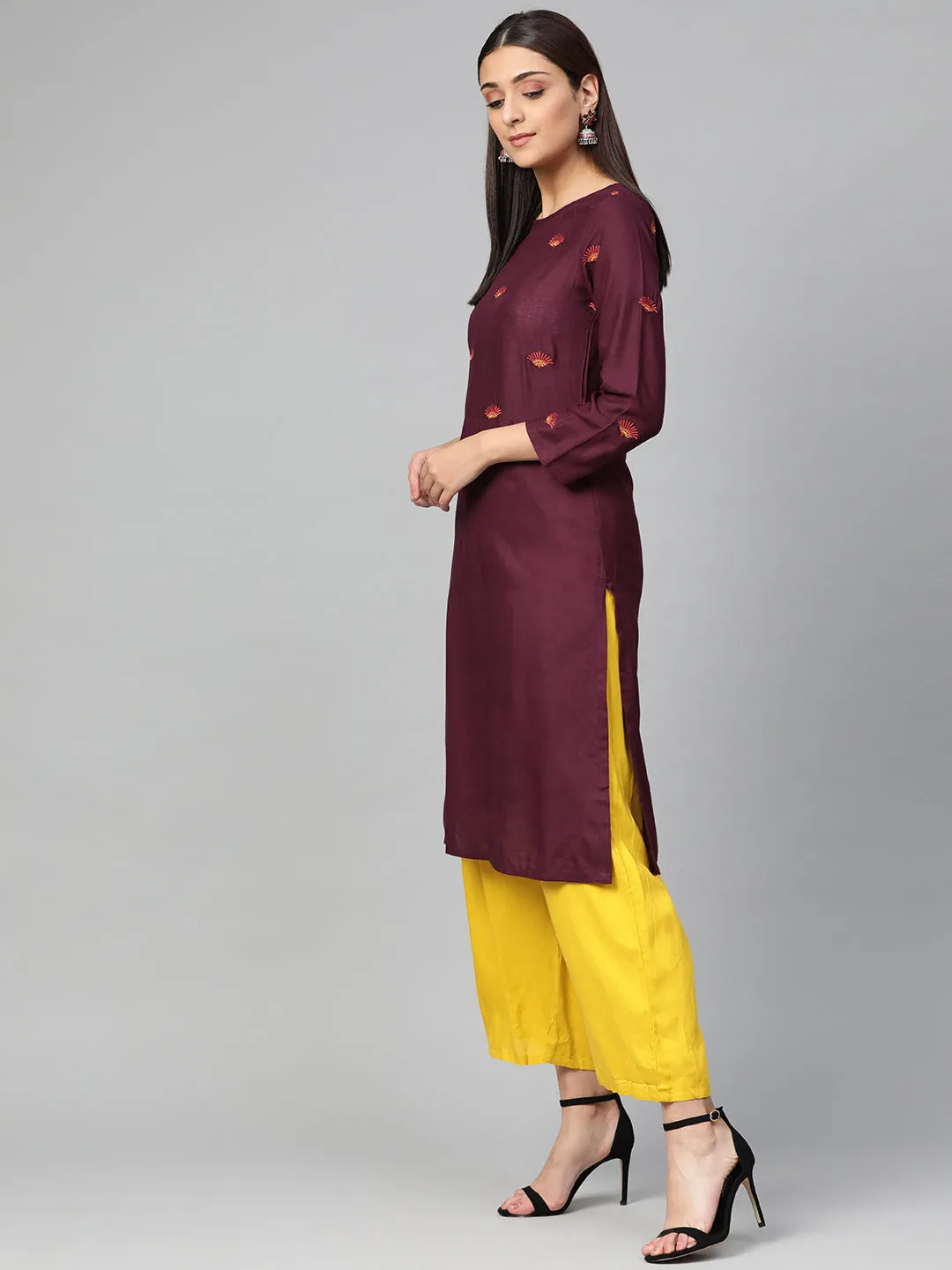 Jashvi Women Purple Yoke Design Straight Kurta