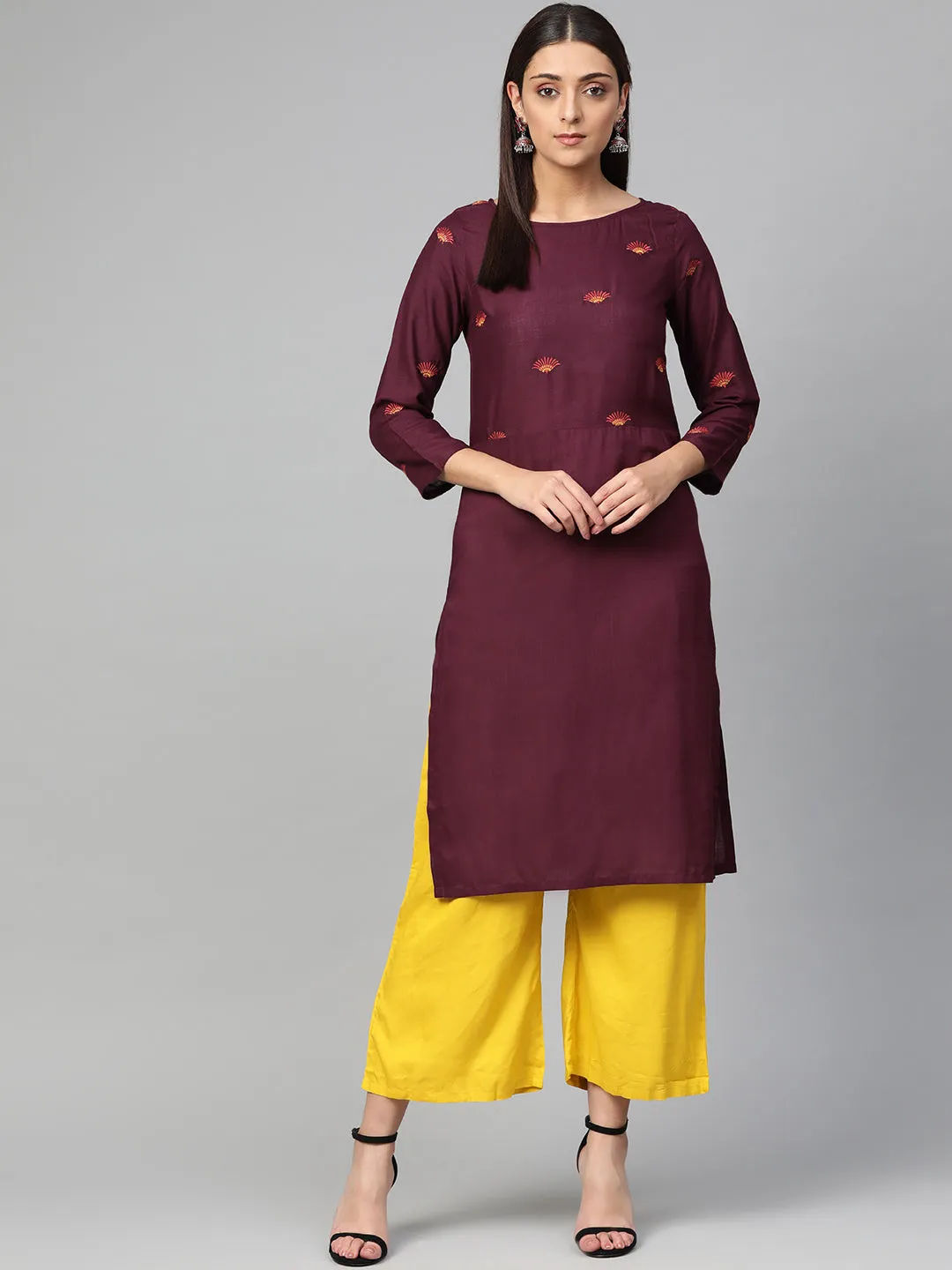 Jashvi Women Purple Yoke Design Straight Kurta