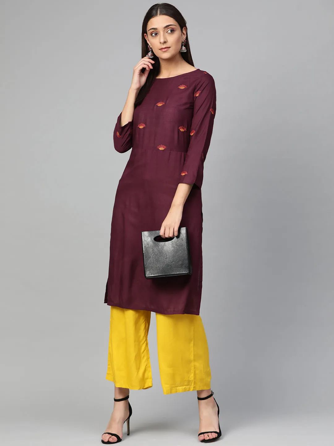 Jashvi Women Purple Yoke Design Straight Kurta