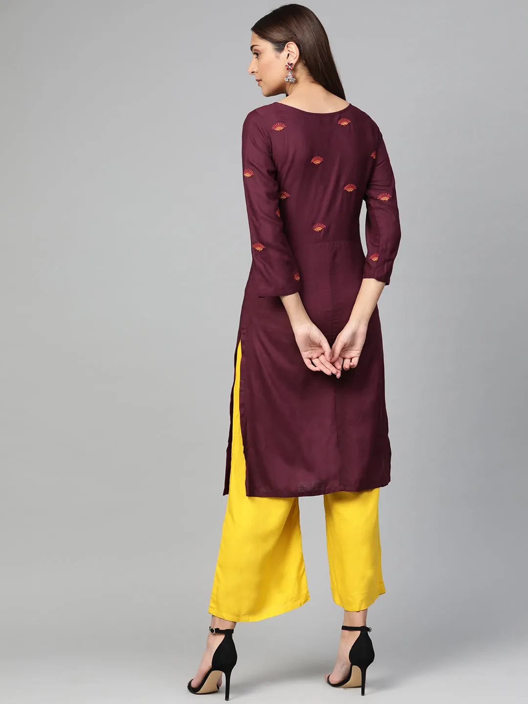 Jashvi Women Purple Yoke Design Straight Kurta
