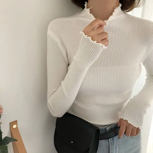 Joskaa Christmas Gift Neploe 2024 Fall Winter Ruffles Sweater Turtleneck Ruched Women Sweaters High Elastic Solid Female Slim Sexy Knitted Pullovers
