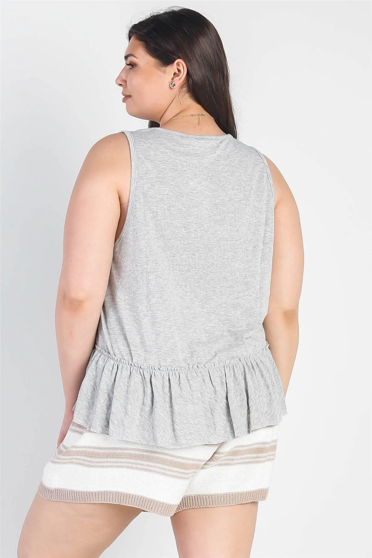 Junior Plus Heather Grey Textured Flare Hem Sleeveless Top /1-2-1