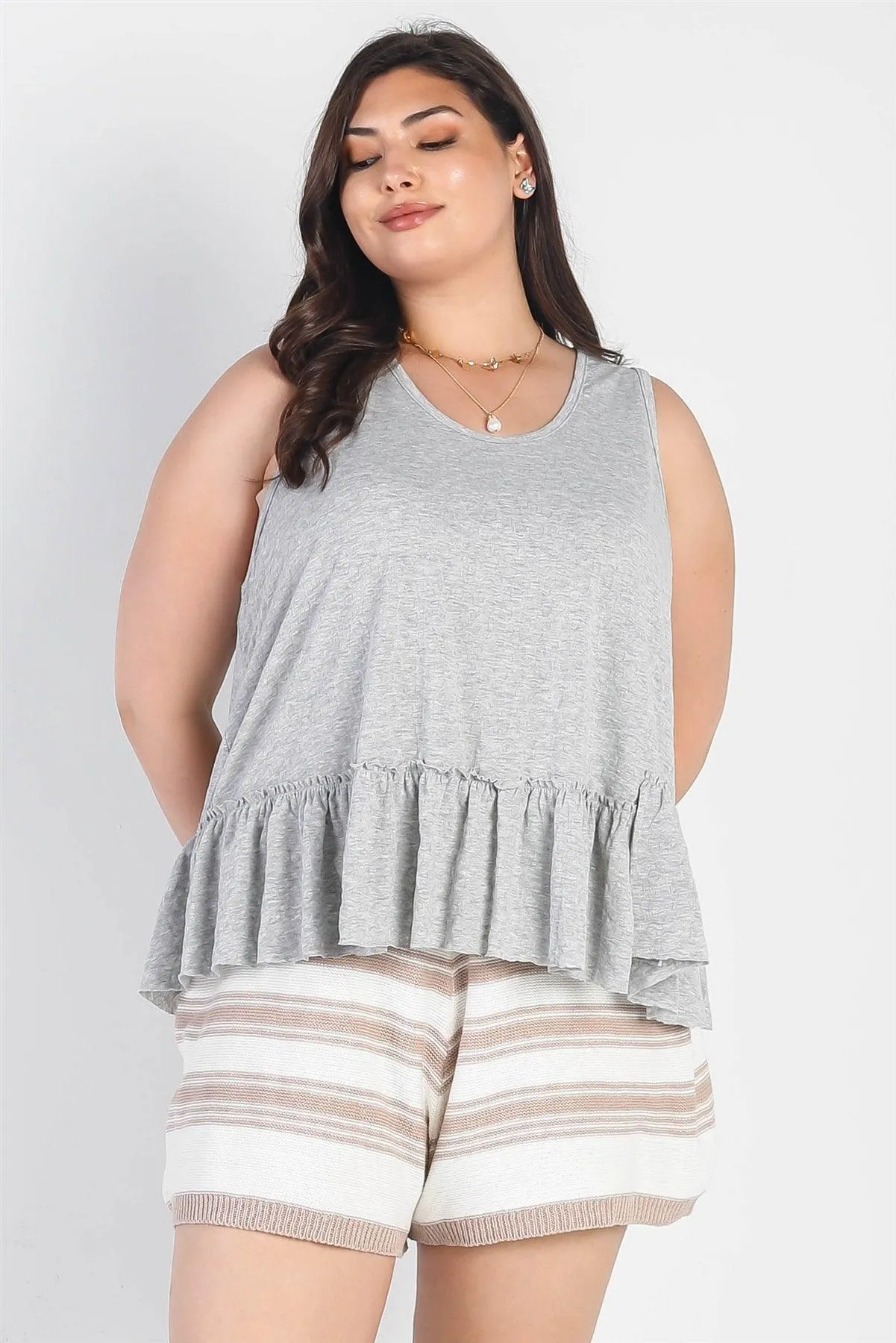 Junior Plus Heather Grey Textured Flare Hem Sleeveless Top /1-2-1