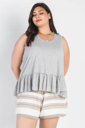 Junior Plus Heather Grey Textured Flare Hem Sleeveless Top /3-2-1