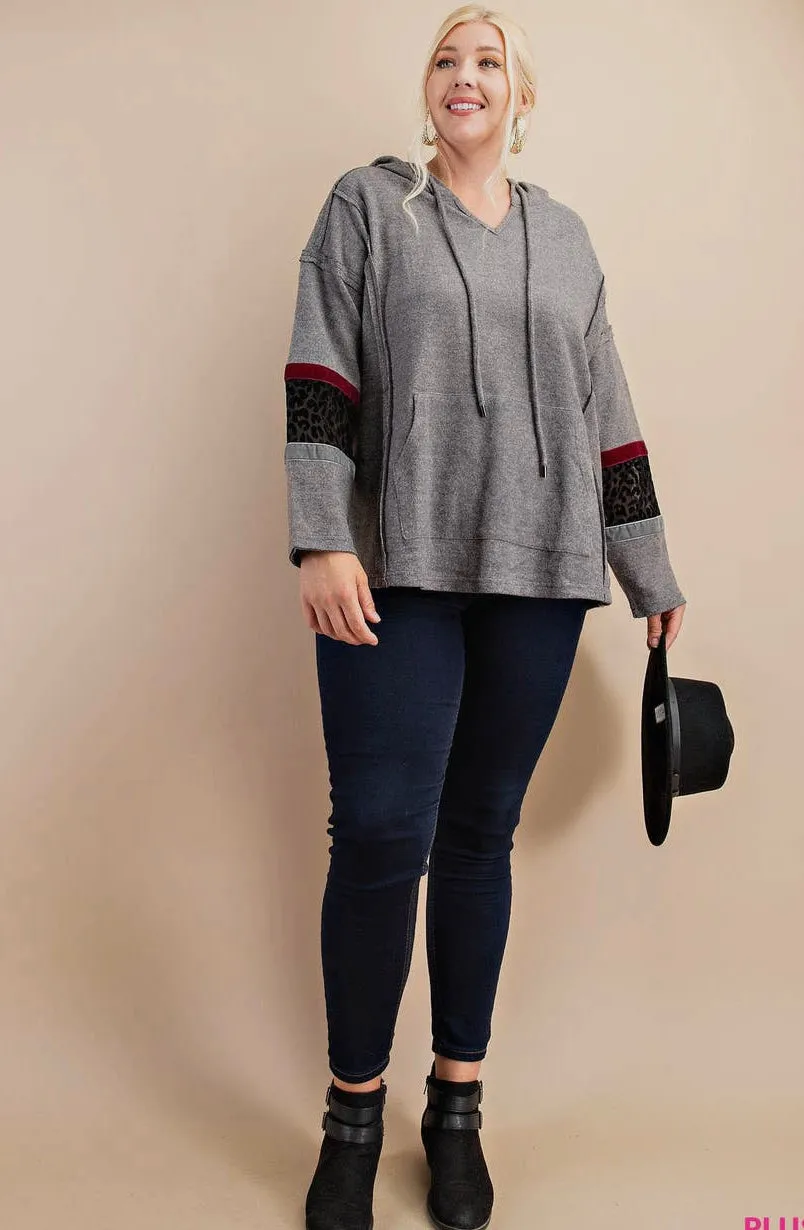 Kori Charcoal Hoodie with Leopard Accented Sleeve-PLUS SIZE