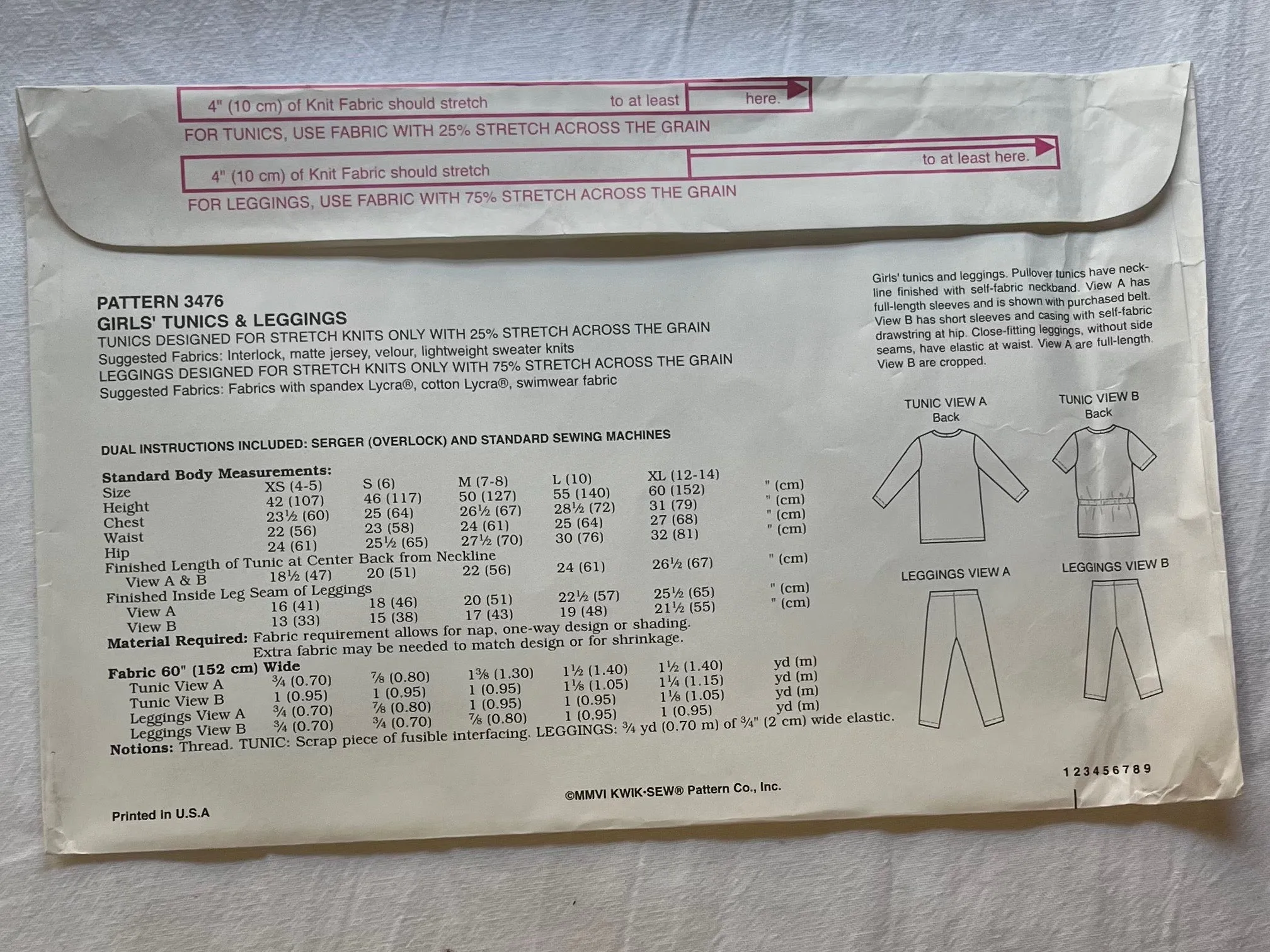 Kwik Sew Kwik Serge 3476 Pattern UNCUT Girl's Tunic and Leggings Size 4, 5, 6, 7, 8, 10, 12, 14