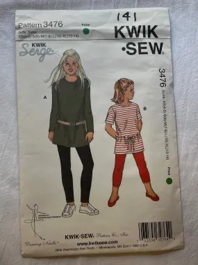 Kwik Sew Kwik Serge 3476 Pattern UNCUT Girl's Tunic and Leggings Size 4, 5, 6, 7, 8, 10, 12, 14