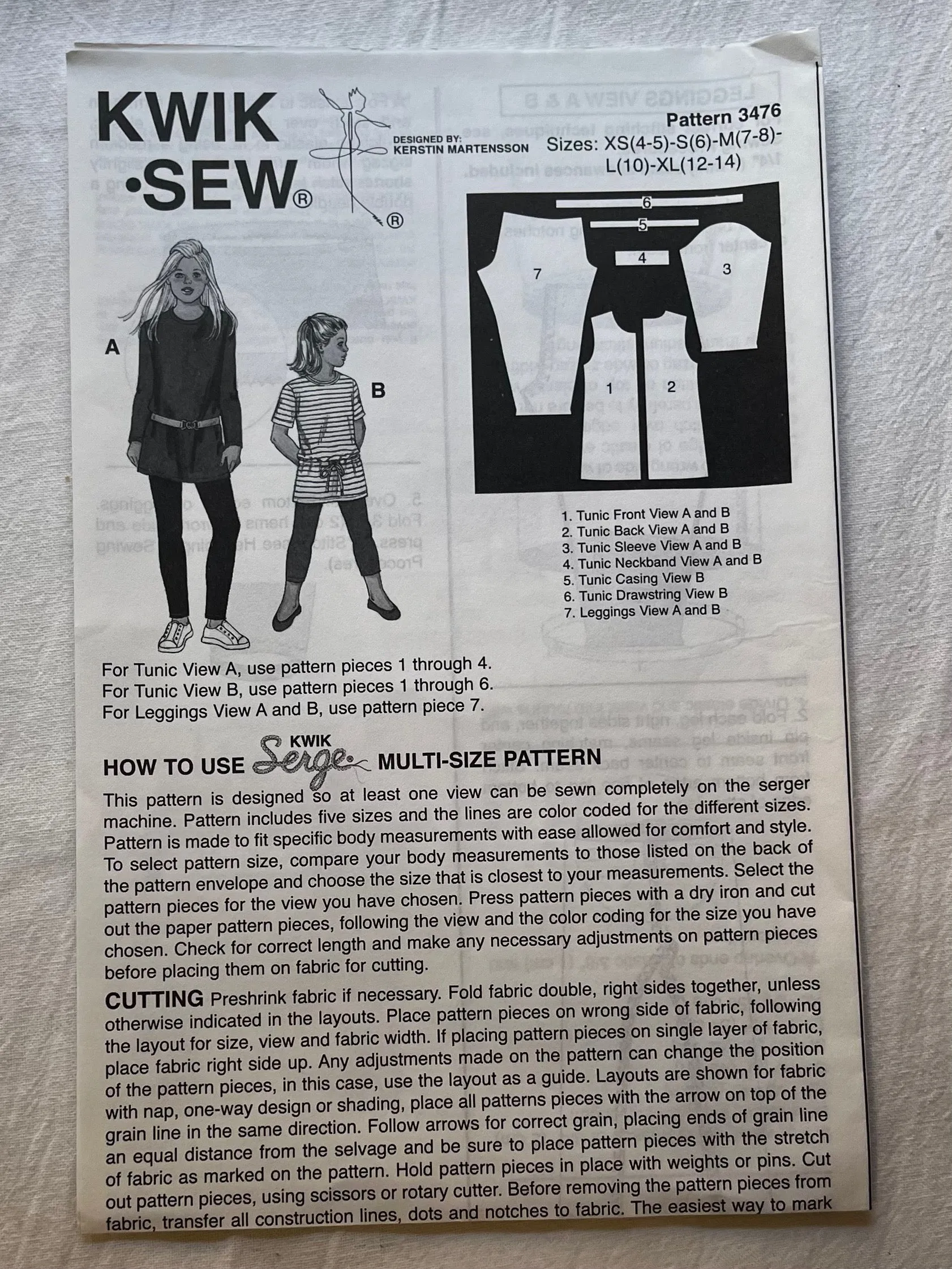 Kwik Sew Kwik Serge 3476 Pattern UNCUT Girl's Tunic and Leggings Size 4, 5, 6, 7, 8, 10, 12, 14