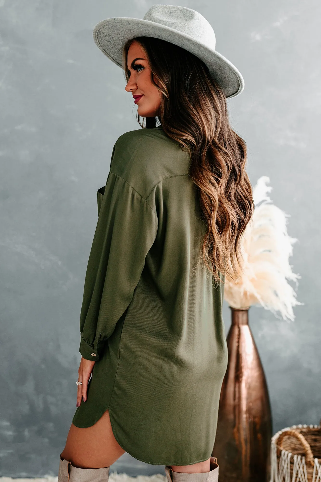 Lake Lover Long Sleeve Button Down Tunic Dress (Olive)