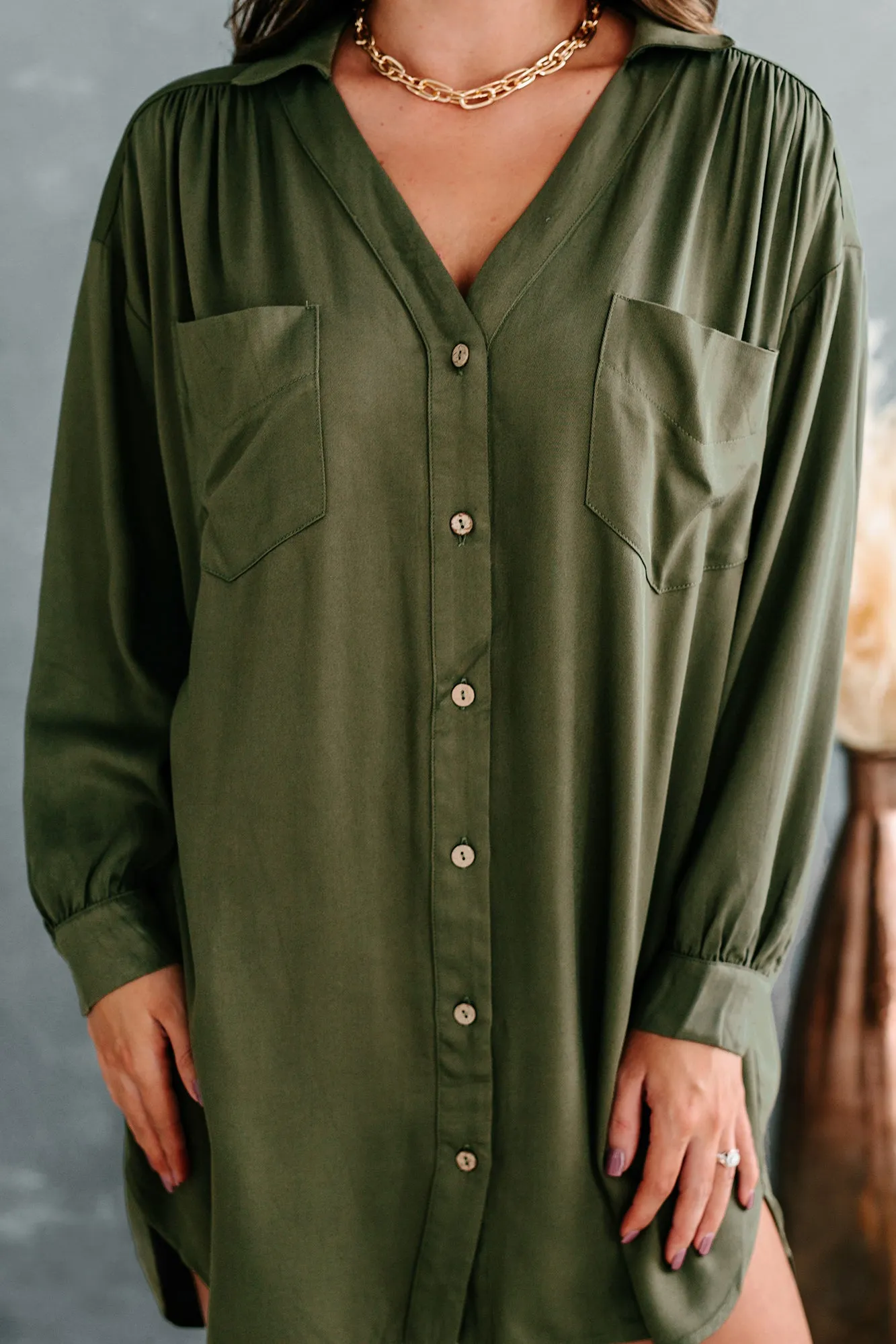 Lake Lover Long Sleeve Button Down Tunic Dress (Olive)