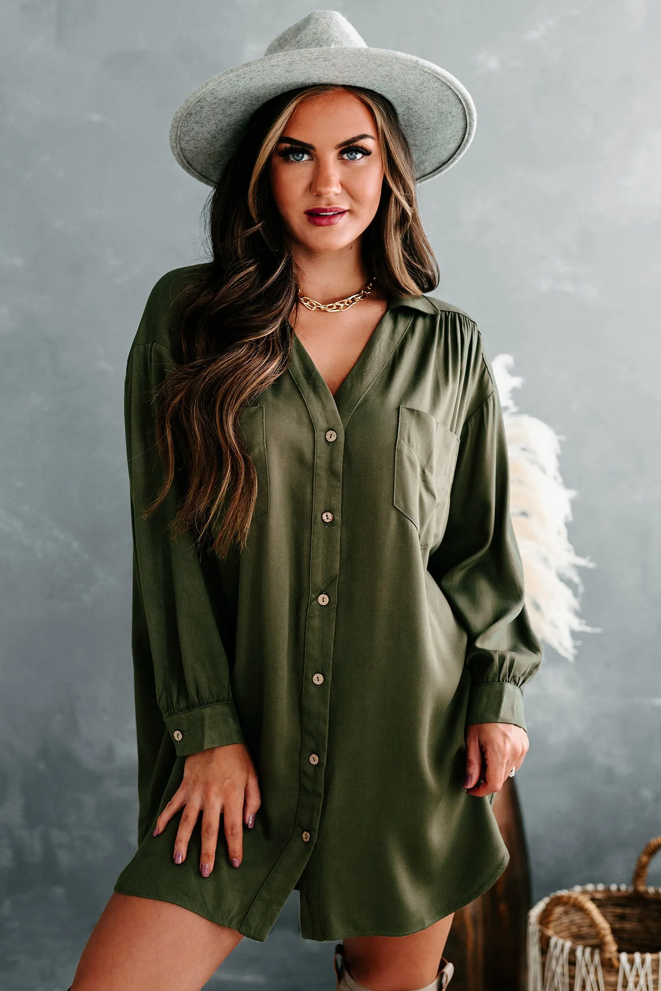 Lake Lover Long Sleeve Button Down Tunic Dress (Olive)