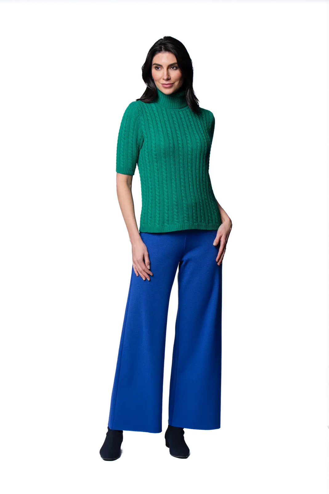 Lilly Short Sleeved Cable-Knit Turtleneck, Jade Green