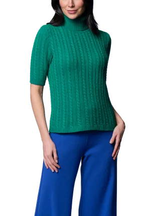 Lilly Short Sleeved Cable-Knit Turtleneck, Jade Green