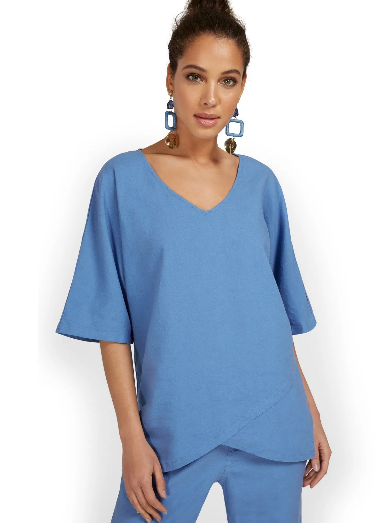 Linen-Blend Overlap Tunic Top