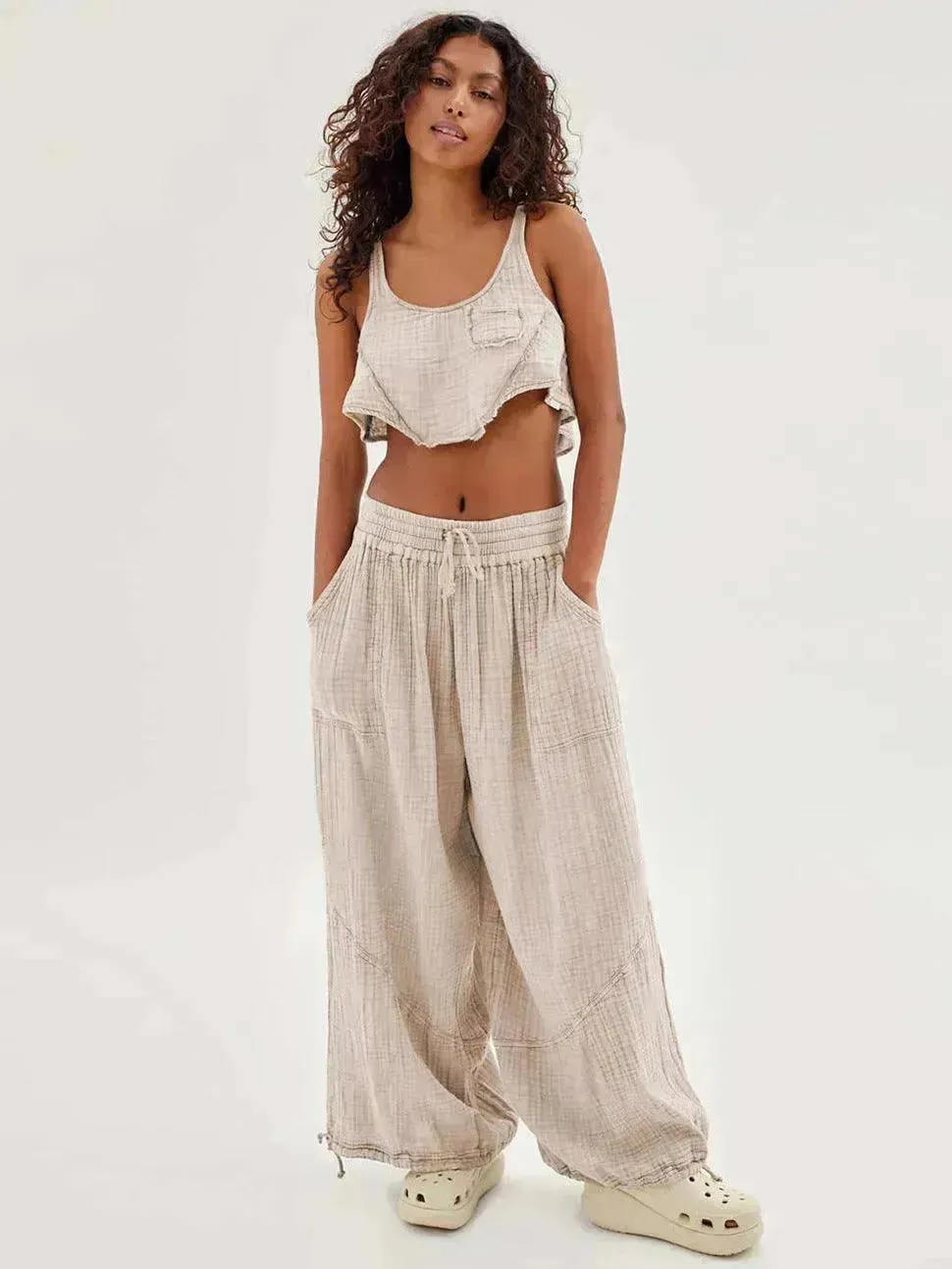Loose Wide Leg Pants Women Drawstring Leggings Trousers