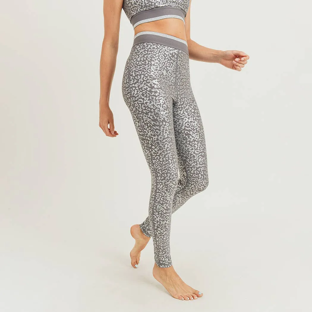 Mono B Silver Foil Leopard Print Leggings with Striped Ban