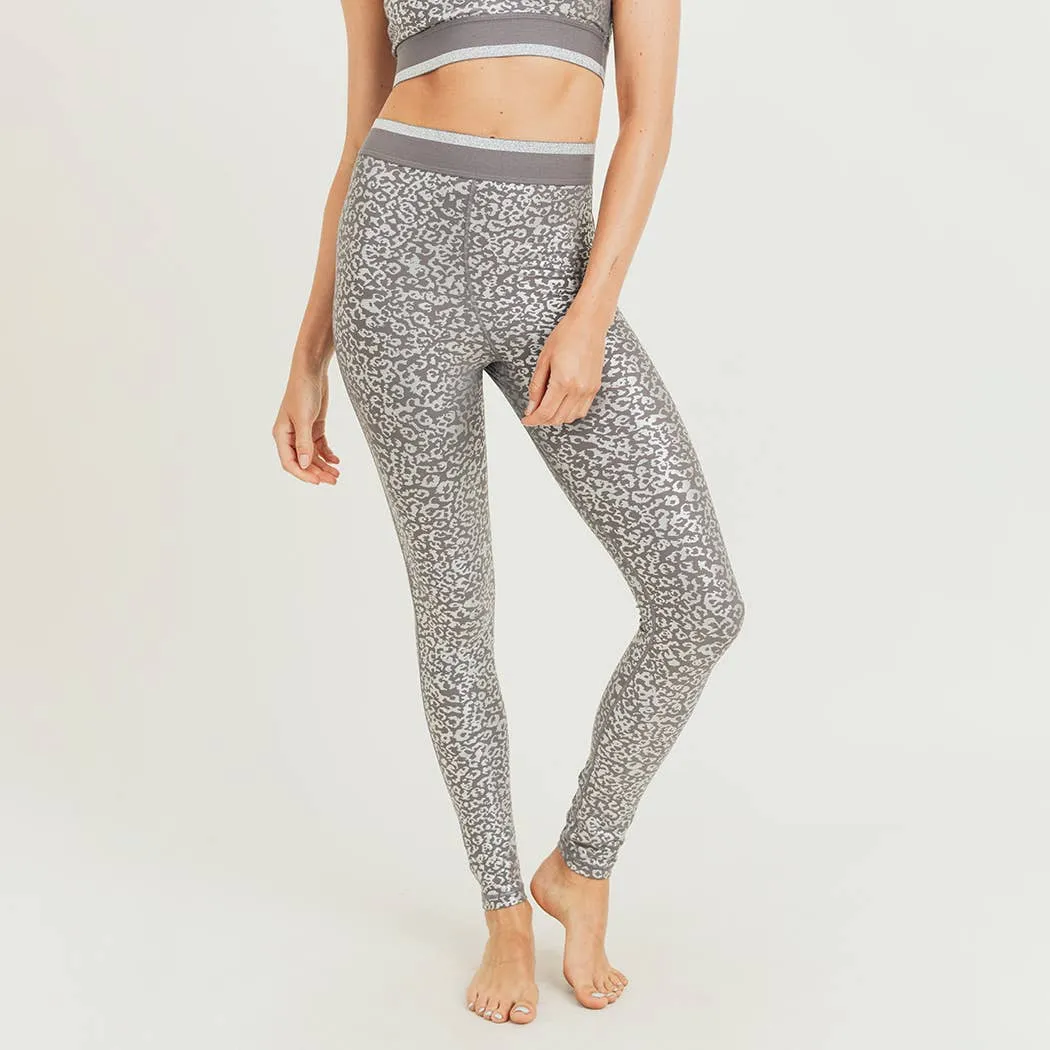 Mono B Silver Foil Leopard Print Leggings with Striped Ban