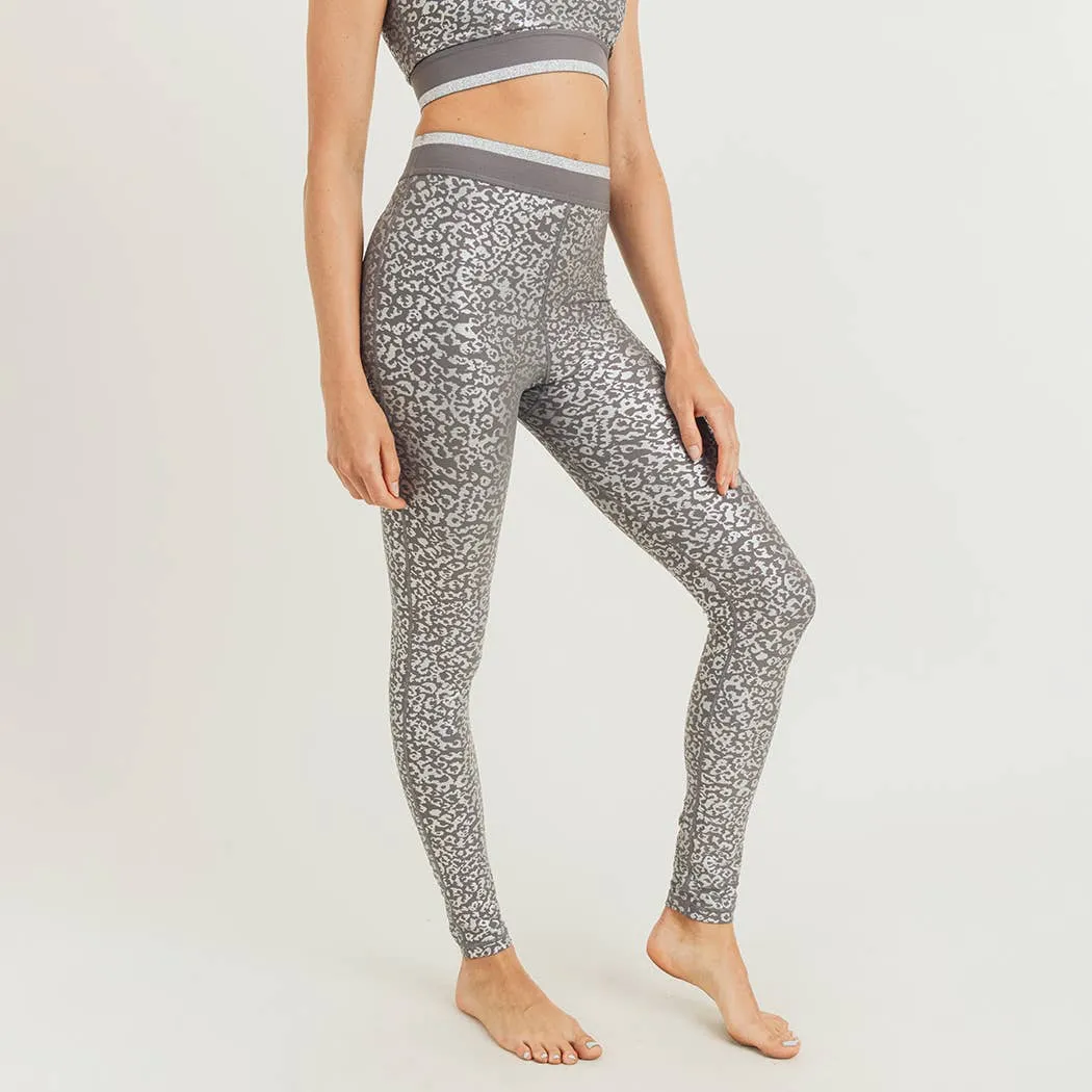 Mono B Silver Foil Leopard Print Leggings with Striped Ban