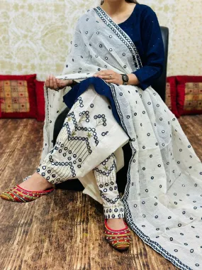 Navy Blue Chikan Embroidered Kurti with Sequins and Cutwork Embroidery