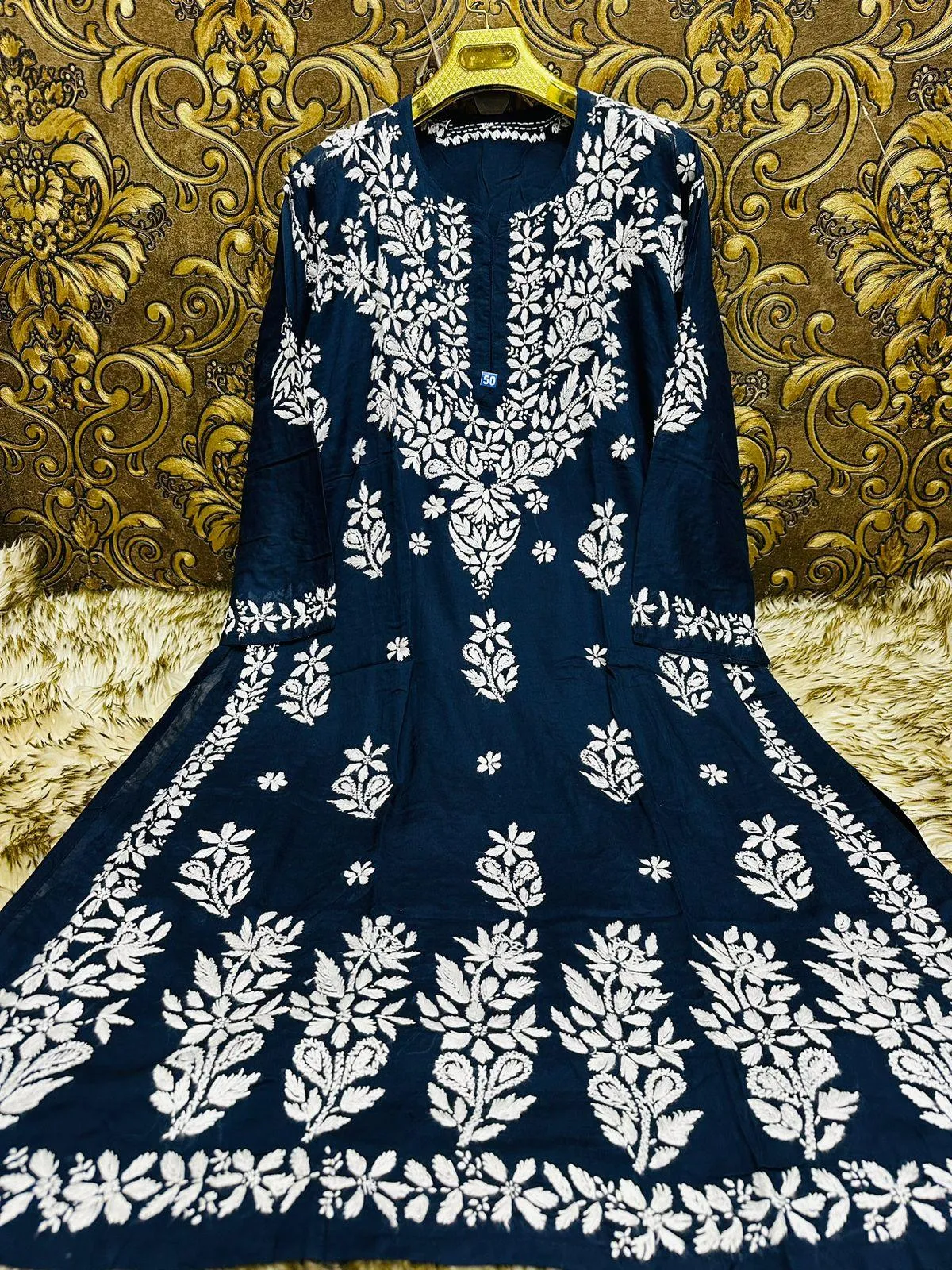 Navy Blue Ethereal Elegance: Lucknow Chikankari Heavy Modal Big Size Kurti