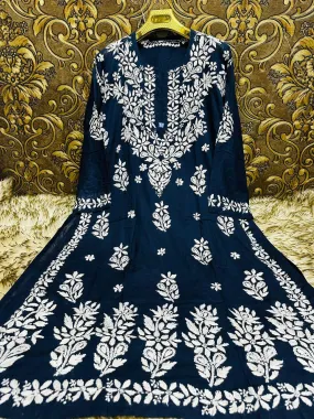 Navy Blue Ethereal Elegance: Lucknow Chikankari Heavy Modal Big Size Kurti