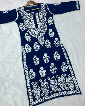 Navy Blue Heavy Chikankari Handwork Modal Kurti , Pair it With Jeans