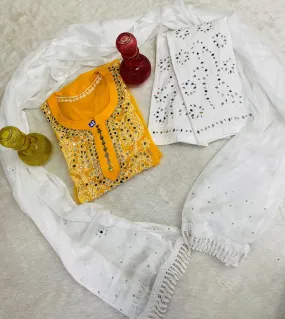 Orange Lucknowi Georgette Chikankari Mirror Gala Buti Kurti Latest Online