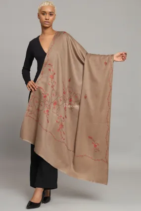 Pashtush Womens Woollen Shawl, Thick And Warm, Kashmiri Hand Embroidery, Design, Taupe