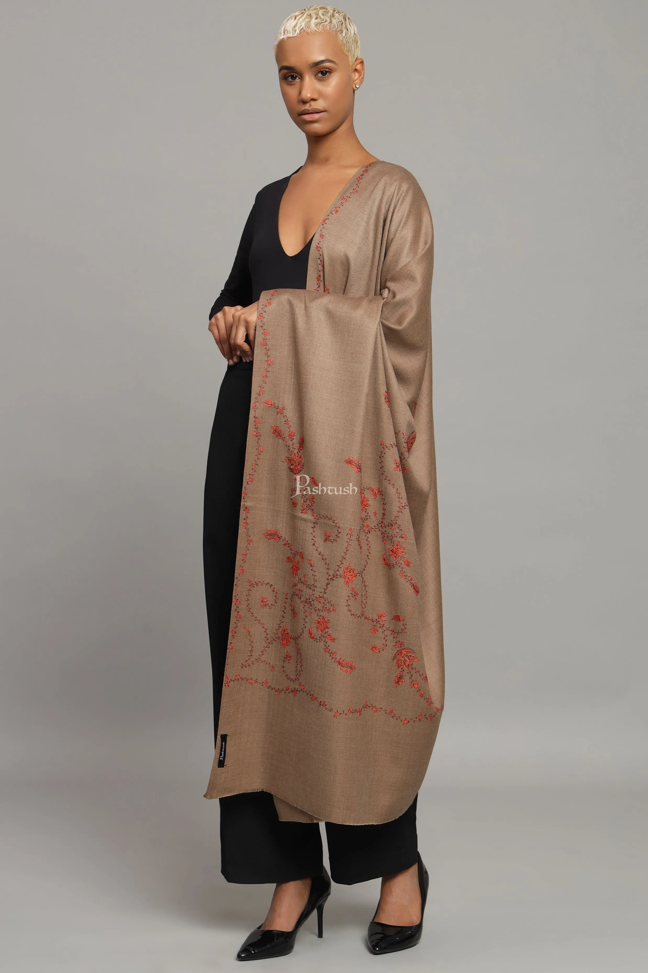Pashtush Womens Woollen Shawl, Thick And Warm, Kashmiri Hand Embroidery, Design, Taupe