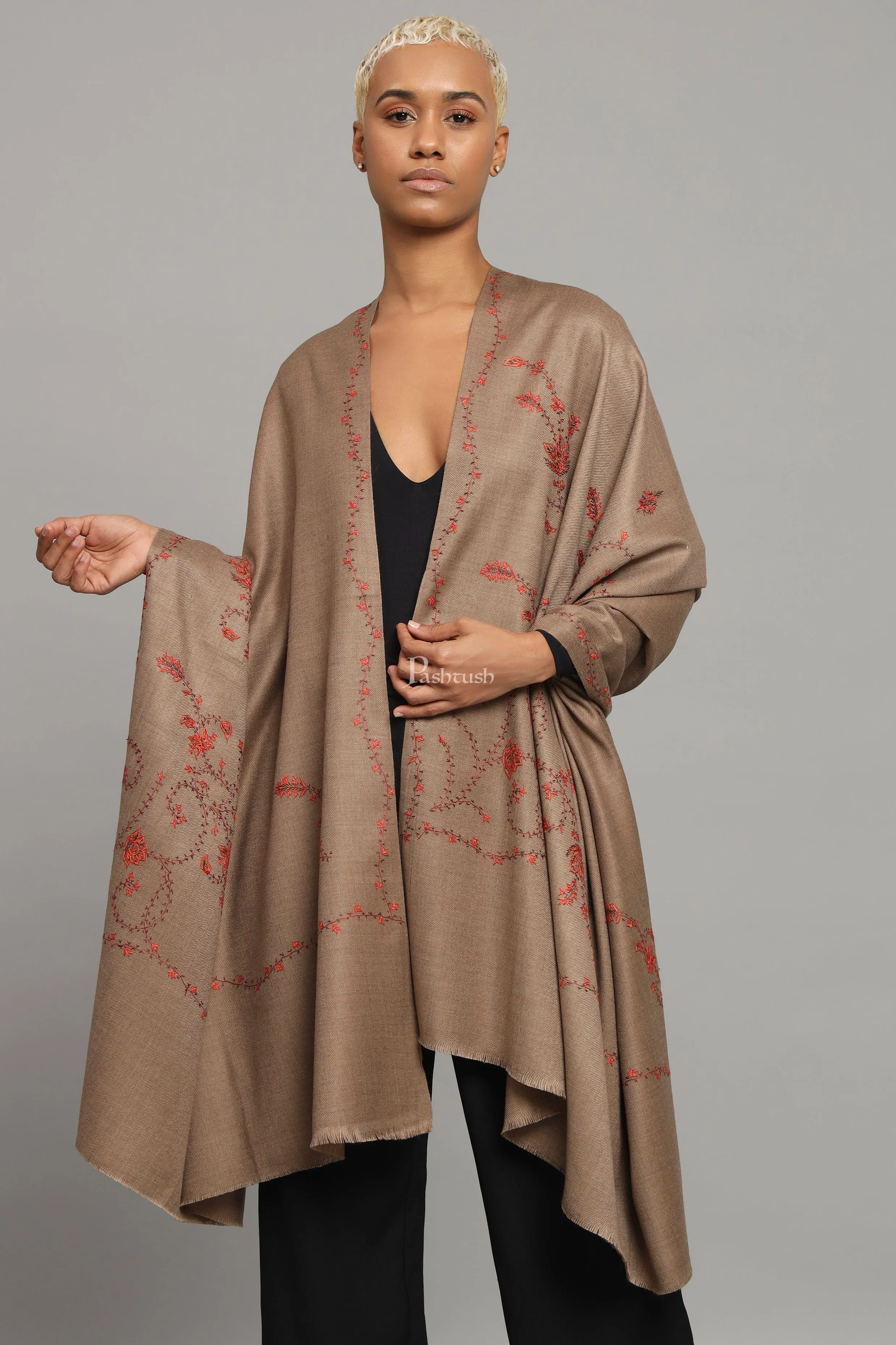 Pashtush Womens Woollen Shawl, Thick And Warm, Kashmiri Hand Embroidery, Design, Taupe