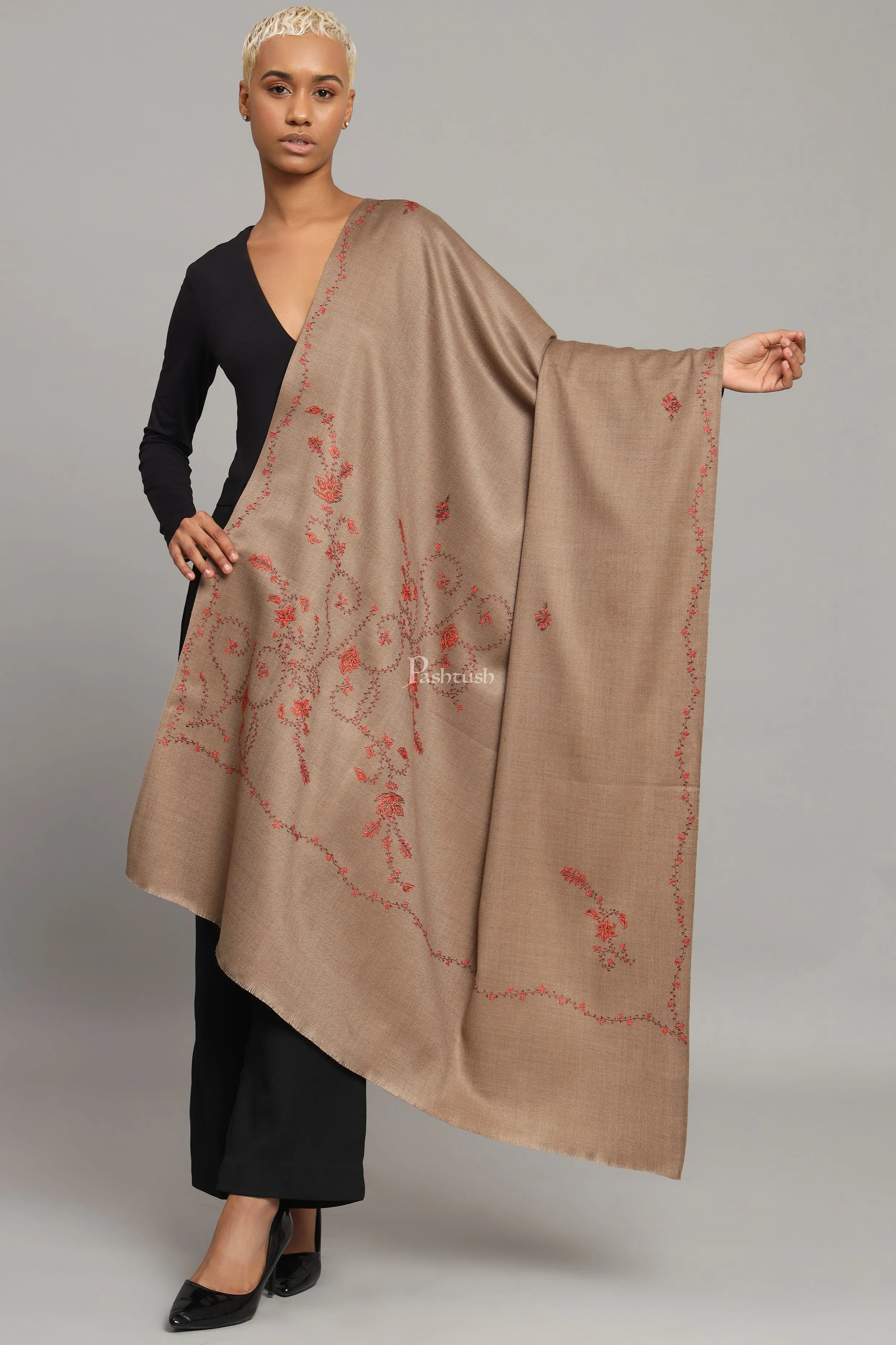 Pashtush Womens Woollen Shawl, Thick And Warm, Kashmiri Hand Embroidery, Design, Taupe