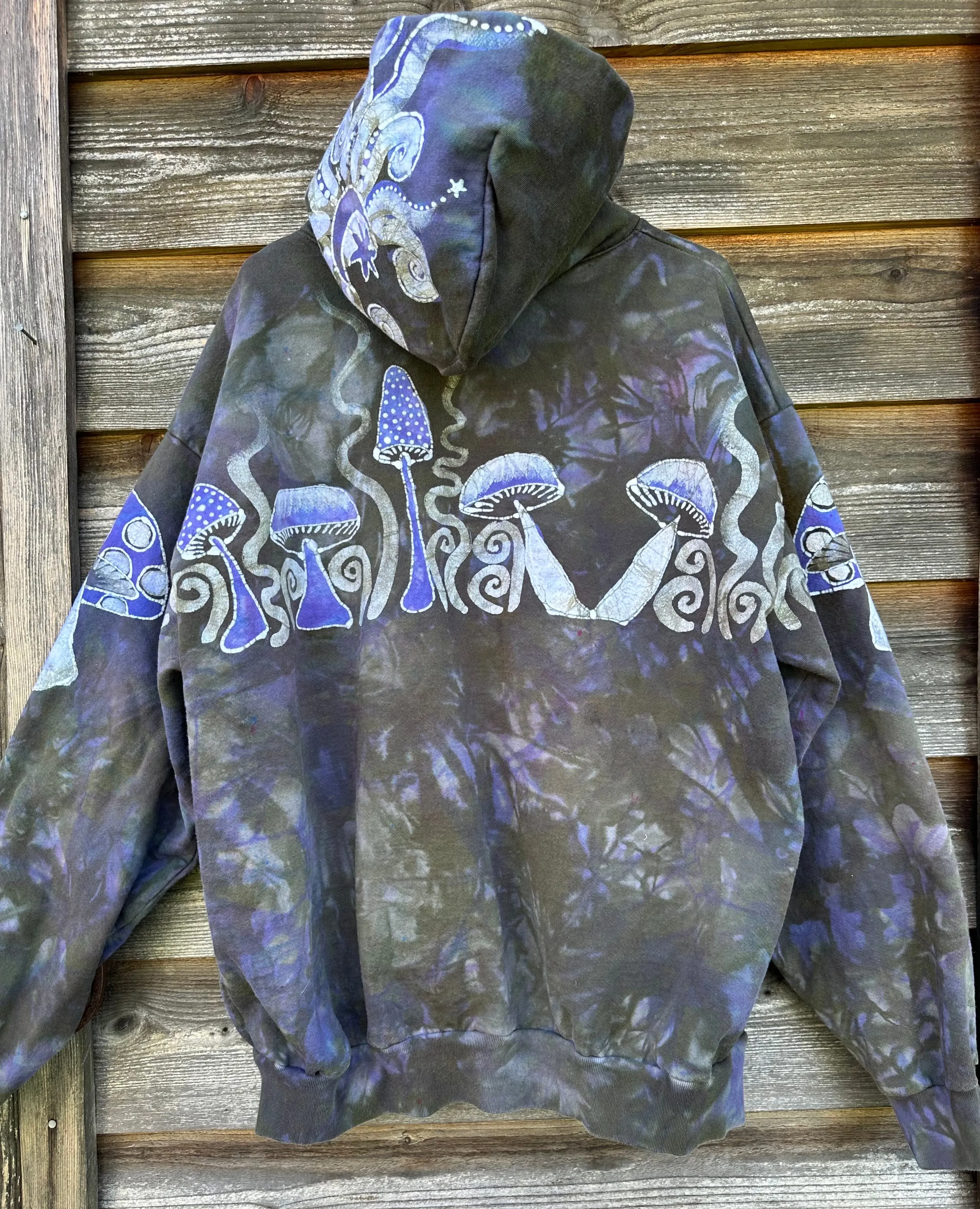 Purple Woodland Mushroom Hunter Handmade Batik Hoodie - 2X Unisex