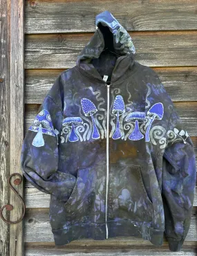 Purple Woodland Mushroom Hunter Handmade Batik Hoodie - 2X Unisex