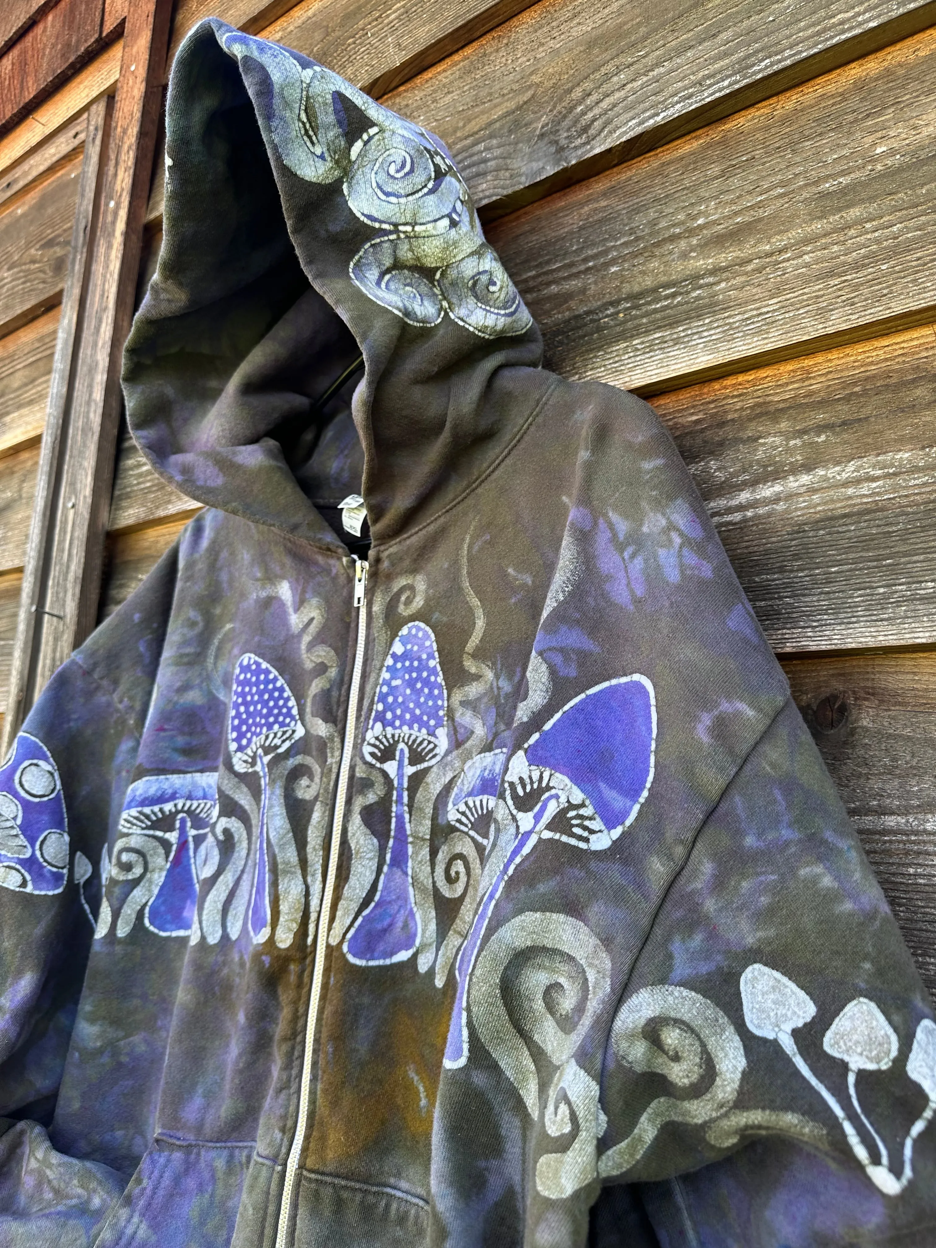 Purple Woodland Mushroom Hunter Handmade Batik Hoodie - 2X Unisex