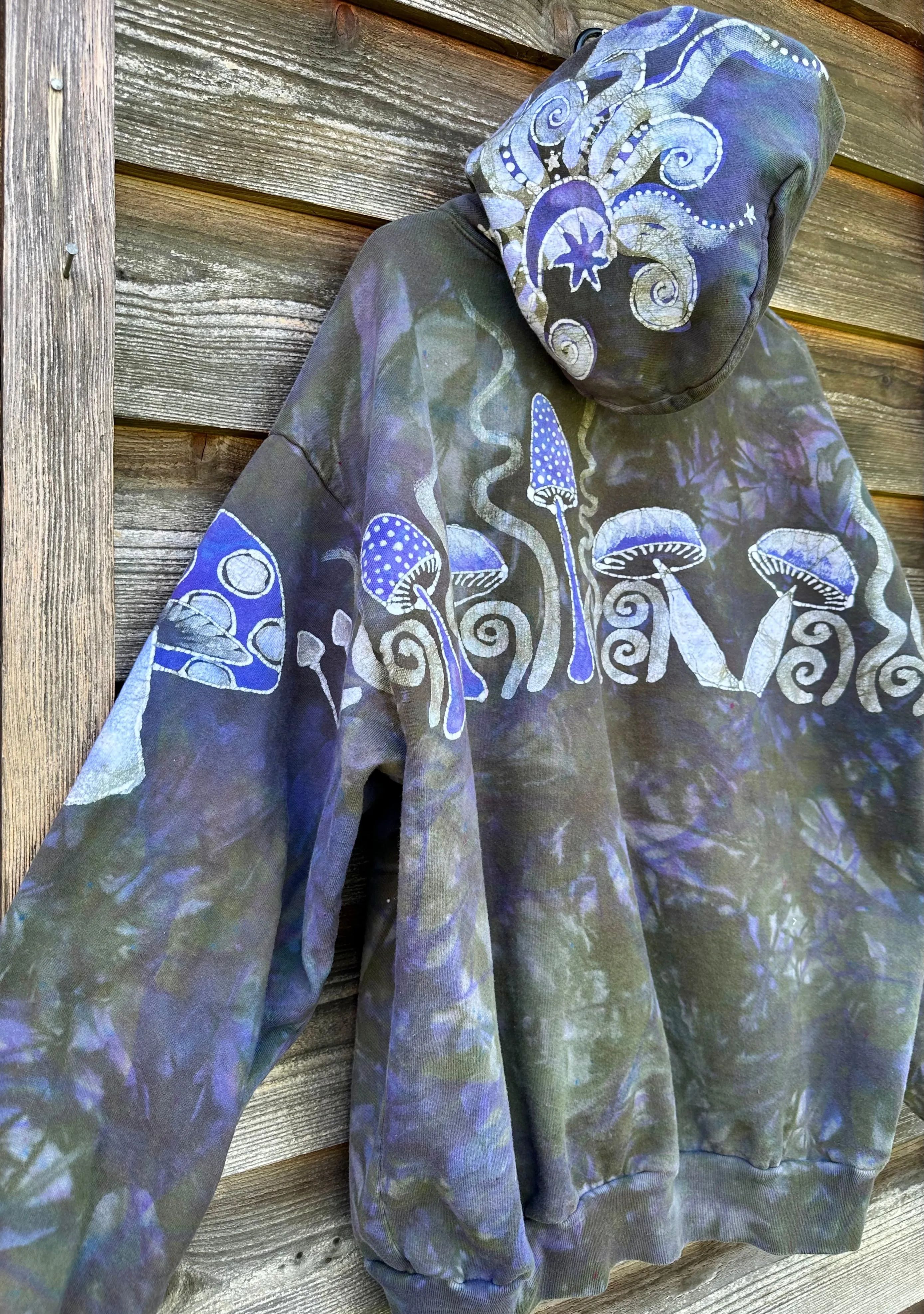 Purple Woodland Mushroom Hunter Handmade Batik Hoodie - 2X Unisex