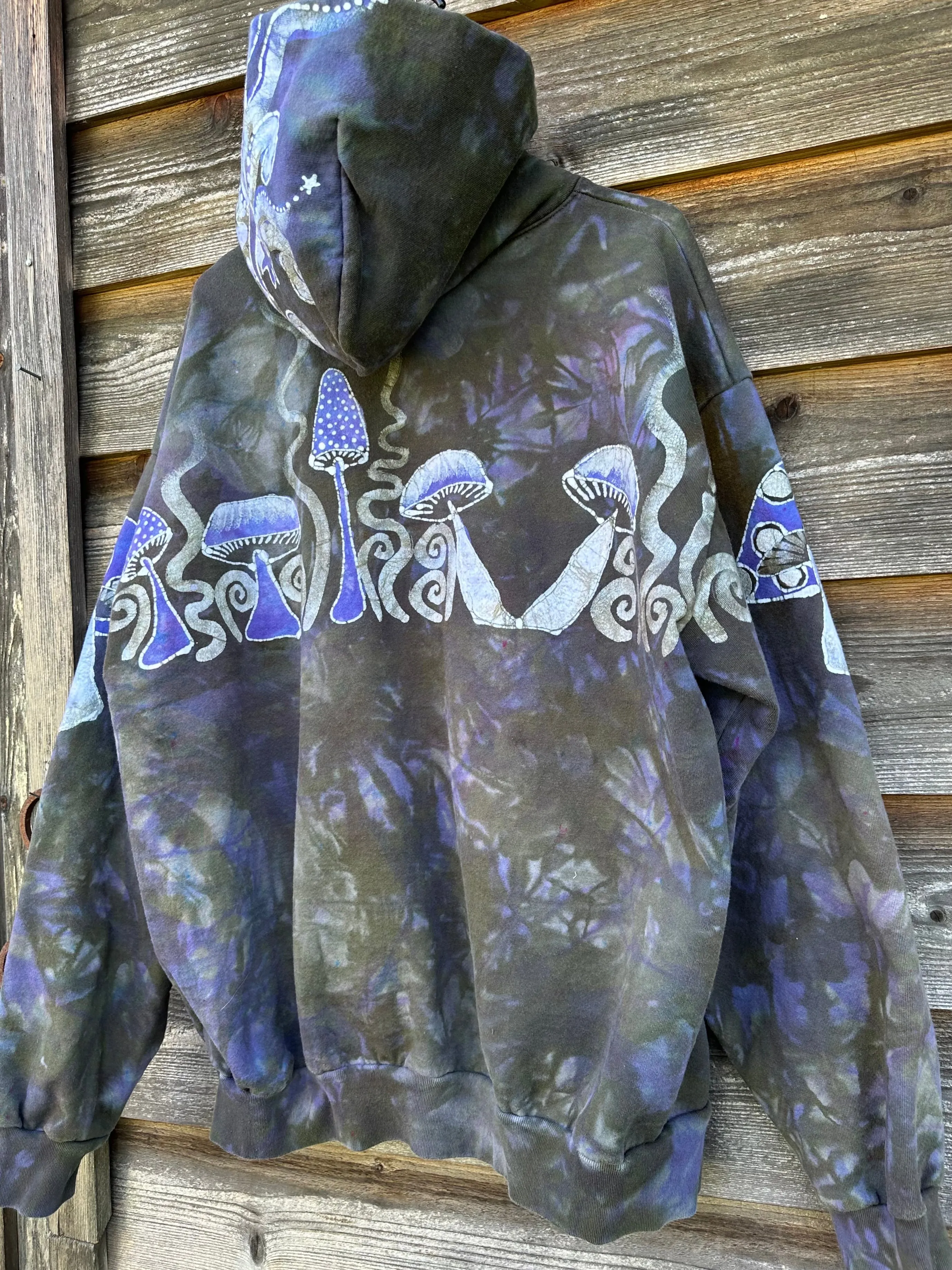 Purple Woodland Mushroom Hunter Handmade Batik Hoodie - 2X Unisex